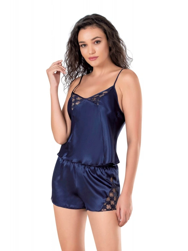 Seraviax Lacivert Saten Babydoll Şort Takımı