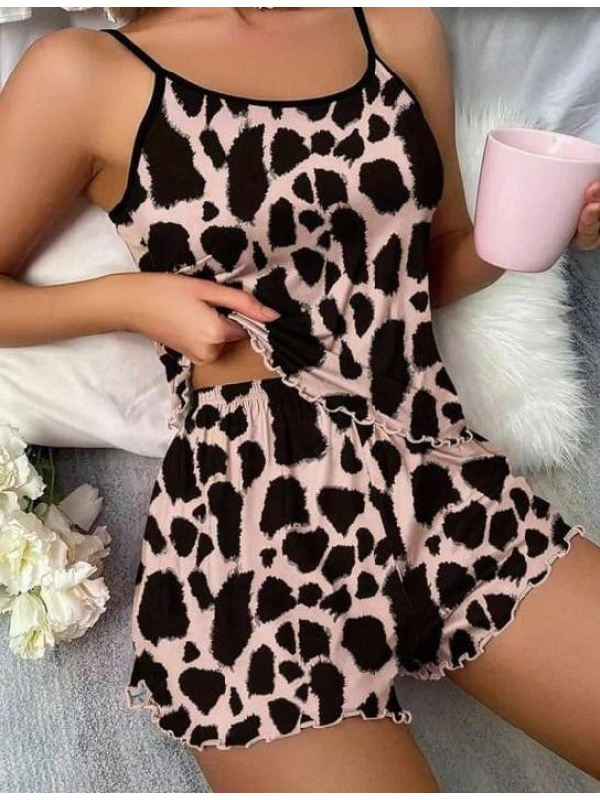 Seraviax Leopar Desenli Askılı Şortlu Pijama Takımı