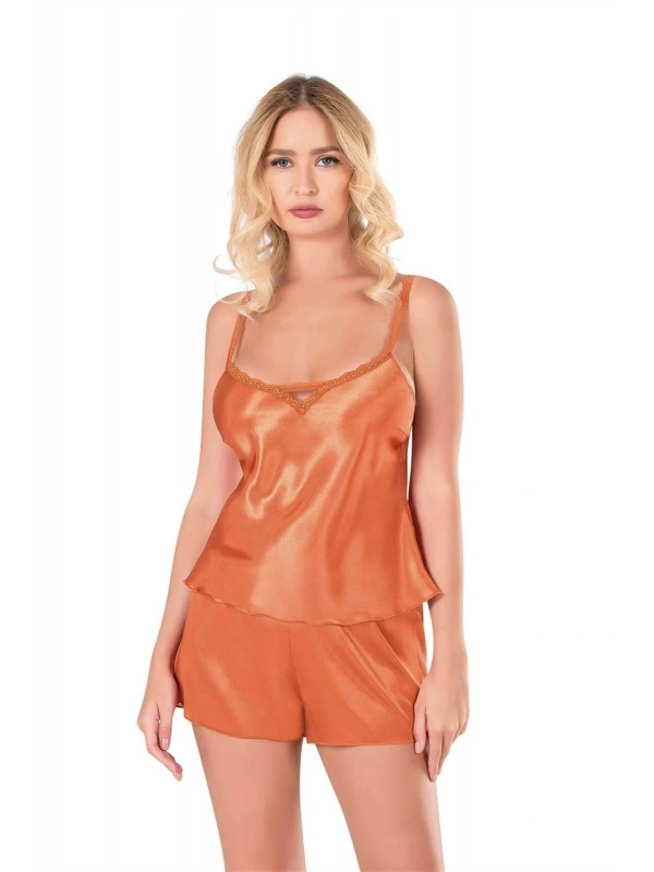 Seraviax Oranj Saten Babydoll Şort Takımı