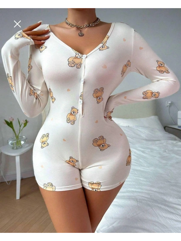 Seraviax Pamuklu Beyaz Ayıcık Desenli Düğmeli Uzun Kol Tulum Pijama