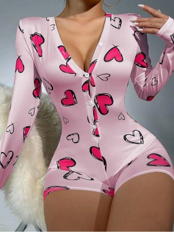 Seraviax Pamuklu Pembe Kalp Desenli Düğmeli Uzun Kol Tulum Pijama