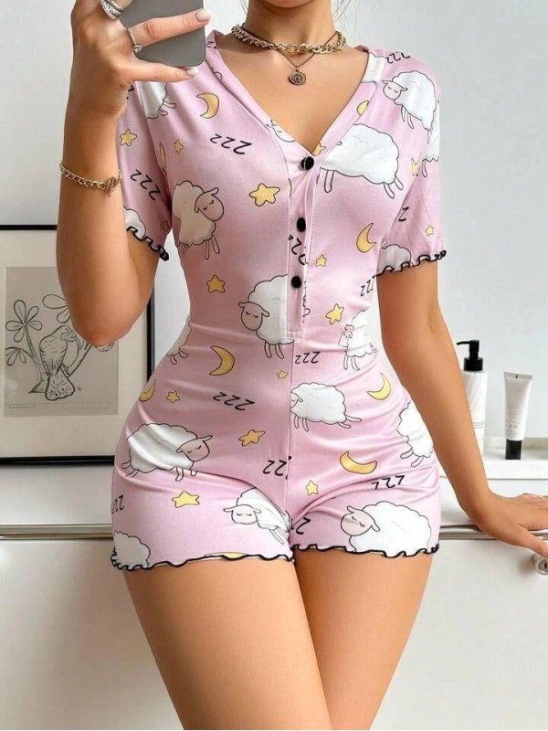 Seraviax Pamuklu Pembe Kuzu Desenli Düğmeli Uzun Kol Tulum Pijama