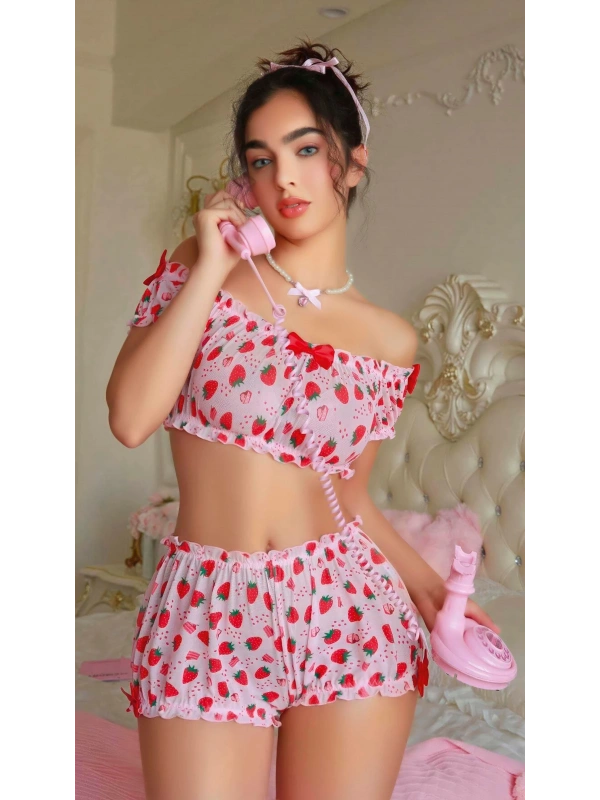 Seraviax Pembe Çilek Desenli Şortlu Fantezi Sütyen Takımı