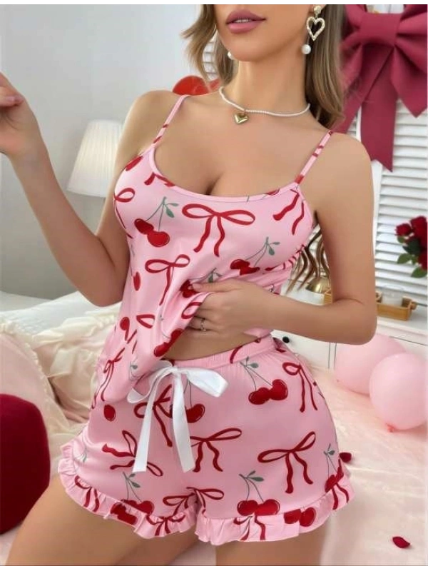 Seraviax Pembe Üstüne Kiraz Desenli Askılı Şortlu Pijama Takımı