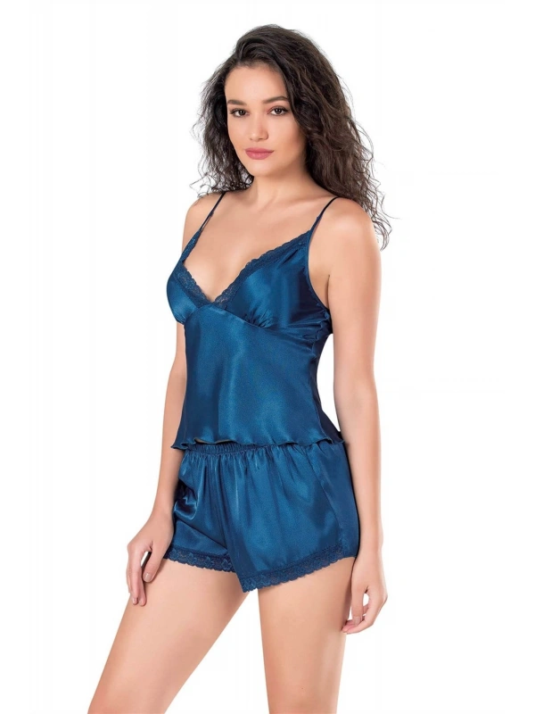 Seraviax Petrol Mavi Saten Babydoll Şort Takımı