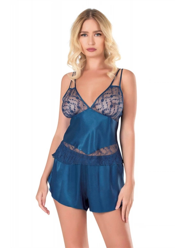 Seraviax Petrol Mavisi Saten Babydoll Şort Takımı