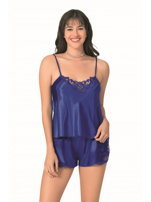 Şık Tasarım Yumuşak Dokulu Dantel İşlemeli Saks Saten Babydoll Şort Takımı