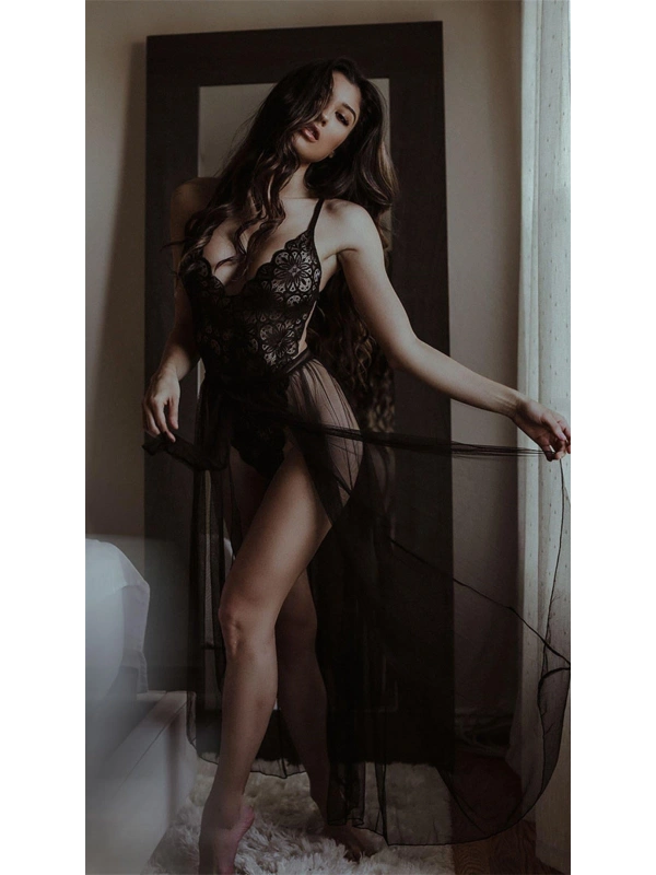 Seraviax Siyah Belden Bağlamalı Dantelli Body Gecelik