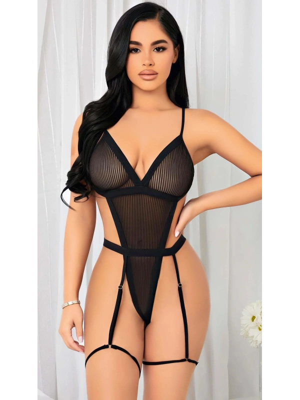 Seraviax Siyah İp Detaylı Tül Fantezi Body