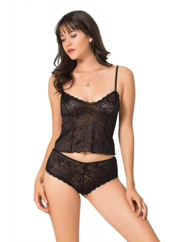 Seraviax Siyah Jakarlı Babydoll Şort Takımı