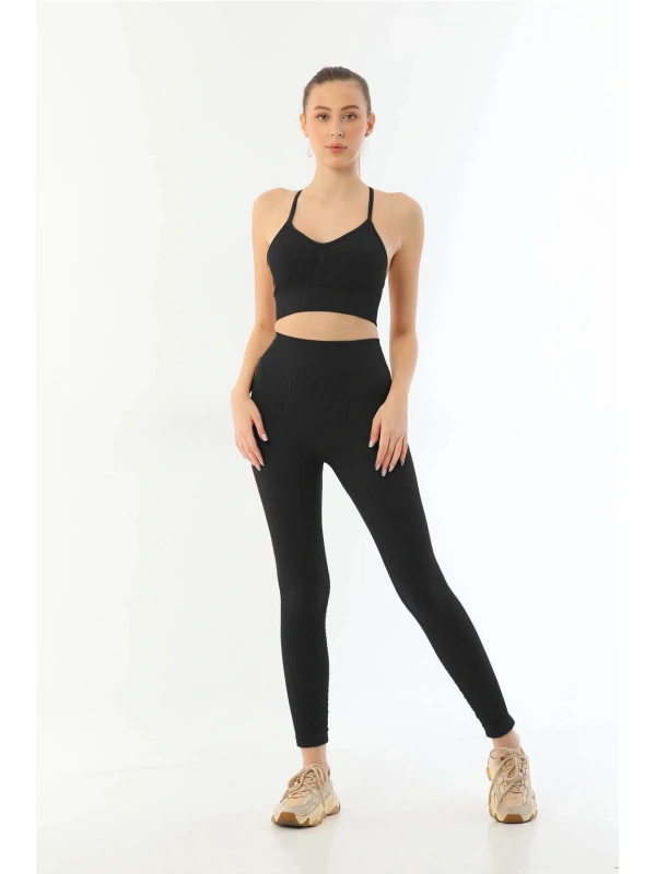 Seraviax Siyah MI Emay 3921 Soft Seamless Ripli Tayt Yoga Takımı