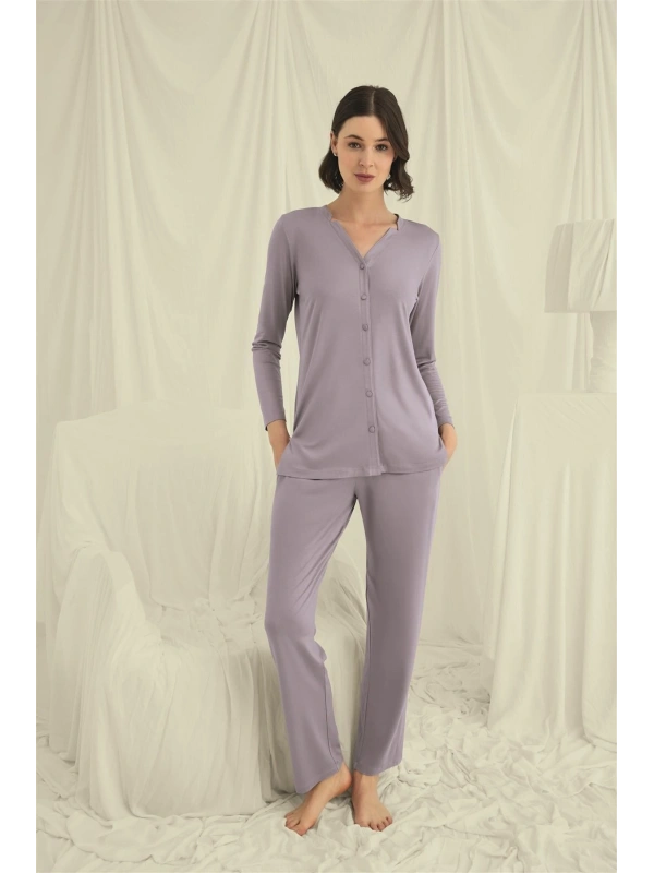 Seraviax Uzun Kollu Boydan Düğmeli V Yaka Pijama Takımı