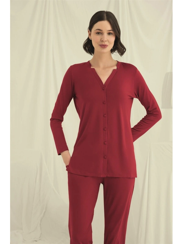 Seraviax Uzun Kollu Boydan Düğmeli V Yaka Pijama Takımı