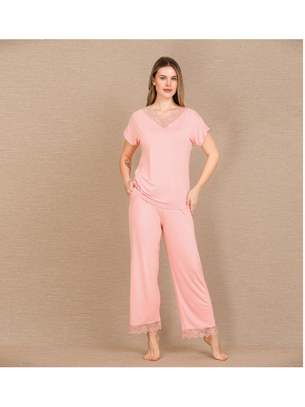 Seraviax Viskon Şık Tasarım Dantel İşlemeli Açık Pembe Kısa Kol Pijama Takımı