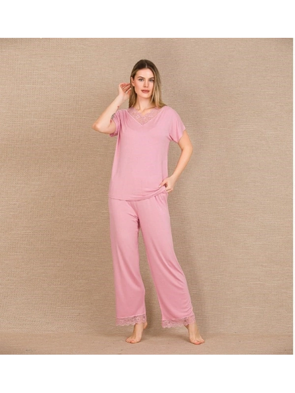 Seraviax Viskon Şık Tasarım Dantel İşlemeli Pembe Kısa Kol Pijama Takımı