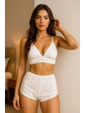 Beyaz Yüksek Bel Şortlu Bralet Takım