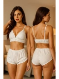Beyaz Yüksek Bel Şortlu Bralet Takım