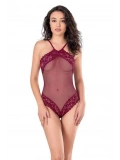 Dantel İşlemeli Bordo File Tül Bodysuit