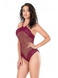 Dantel İşlemeli Bordo File Tül Bodysuit