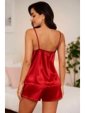 Kadın Kırmızı Dantel Detaylı Saten İkili Pijama Takımı