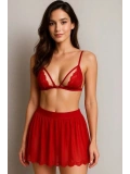 Kadın Kırmızı Transparan Dantel Detaylı Bralet Takım