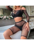 Kadın Seksi 2 Parça Taşlı Omuzları Açık Crop- Şort Vücut Çorabı