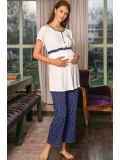 Kadın Viskon Önden Açılan Göğüs İşlemeli Kısa Kol Dantelli Emzirme T-Shirt ve Kalp Baskılı Pantolon Pijama Takım (9661)