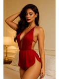 Kırmızı Dantelli Derin V Dekolteli Babydoll