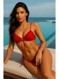 Kadın Kırmızı Siyah Bağcıklı Bikini Takımı