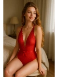 Kırmızı V Yaka Transparan Dantel Fantezi Babydoll