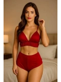 Kırmızı Yüksek Bel Şortlu Bralet Takım