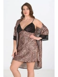 Premium Büyük Beden Saten Dantel İşlemeli Leopar 2li Gecelik Sabahlık Takımı Bigsize
