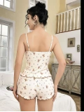 Seraviax Ayıcık Desenli Dantel İşlemeli Askılı Şortlu Pijama Takımı