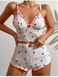 Seraviax Beyaz Üstüne Çilek Desenli Fitilli Askılı Şortlu Pijama Takımı