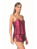 Şık Tasarım Yumuşak Dokulu Dantel İşlemeli Bordo Saten Babydoll Şort Takımı