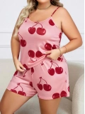 Seraviax Büyük Beden Pembe Kiraz Desen İnce Askılı Pamuklu Şortlu Pijama Takımı