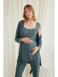 Seraviax Dantelli Önü Düğmeli Hamile Lohusa 3lü Viskon Pijama Takımı