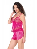 Seraviax Fuşya Saten Babydoll Şort Takımı