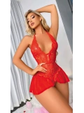 Seraviax Kırmızı Dantel İşlemeli Fantezi Body