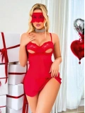 Seraviax Kırmızı Göğüs Dekolteli Göz Bantlı Fantezi String Tül Gecelik Takımı