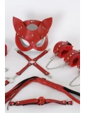 Seraviax Kırmızı İçi Tüylü Maske,Kol,Bacak,Ağız Topu,Kırbaç,Tasma Harness Set