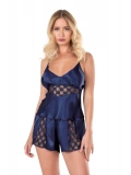 Seraviax Lacivert Saten Babydoll Şort Takımı