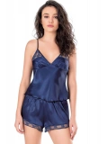 Seraviax Lacivert Saten Babydoll Şort Takımı