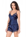 Seraviax Lacivert Saten Babydoll Şort Takımı