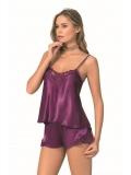 Şık Tasarım Yumuşak Dokulu Dantel İşlemeli Mor Saten Babydoll Şort Takımı