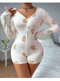 Seraviax Pamuklu Beyaz Ayıcık Desenli Düğmeli Uzun Kol Tulum Pijama