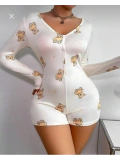 Seraviax Pamuklu Beyaz Ayıcık Desenli Düğmeli Uzun Kol Tulum Pijama
