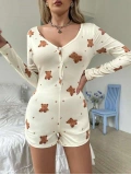 Seraviax Pamuklu Ekru Ayıcık Desenli Düğmeli Tulum Pijama