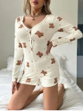 Seraviax Pamuklu Ekru Ayıcık Desenli Düğmeli Tulum Pijama