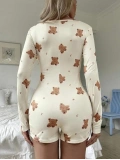 Seraviax Pamuklu Ekru Ayıcık Desenli Düğmeli Tulum Pijama